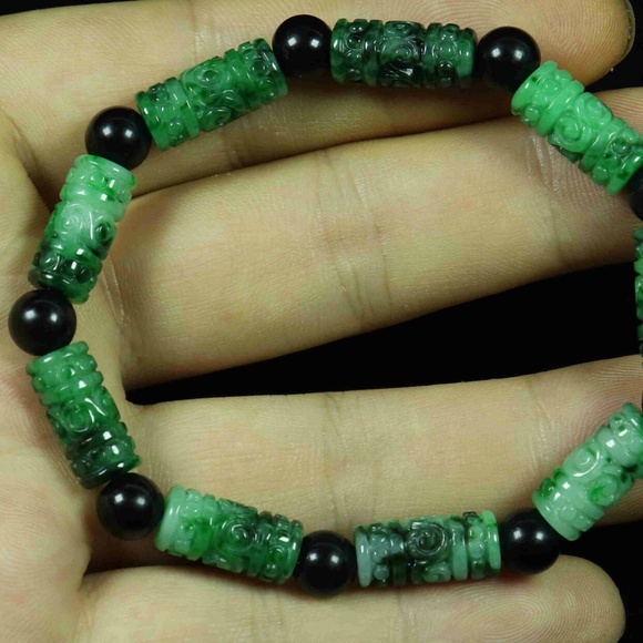 Green 100% Natural A Jade Jadeite Mantra Barrel Bead Bracelet 真言手链 - Picture 5 of 8